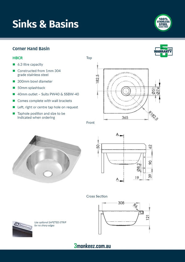 3Monkeez HBCR - Corner Stainless Steel Hand Basin