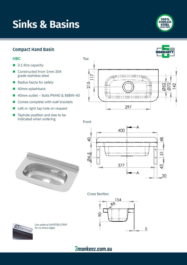 3Monkeez HBC - Compact Stainless Steel Hand Basin