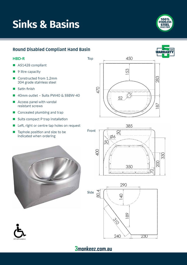 3Monkeez HBD-R - Round Disabled Compliant Wall Mounted Stainless Steel Hand Basin