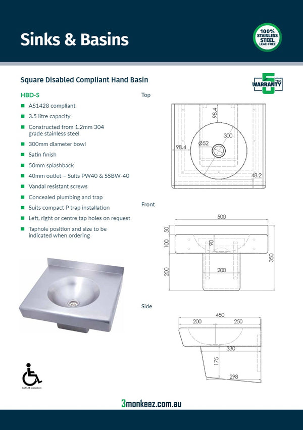 3Monkeez HBD-S - Square Disabled Compliant Wall Mounted Stainless Steel Hand Basin