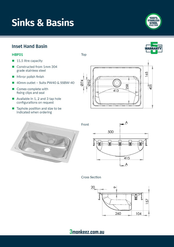 3Monkeez HBF01 - Inset Stainless Steel Hand Basin