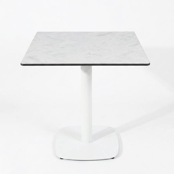 HPL Herringbone Calacatta Compact Laminate Table with White Cavallo Base