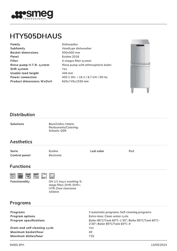 Smeg Professional HTY505DHAUS - SEED Certified Steam Heat Recovery Pass Through Dishwasher