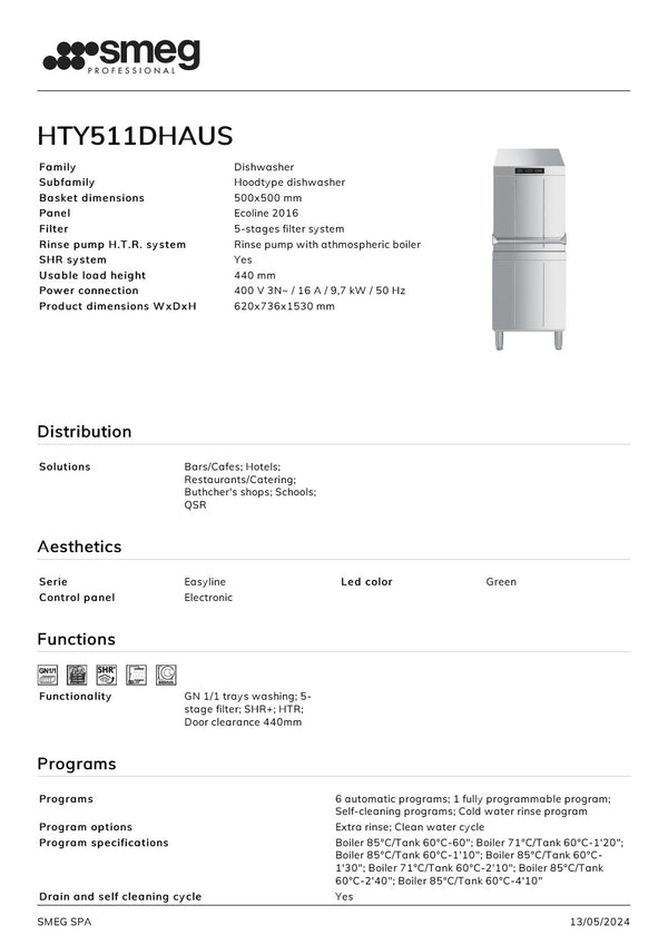 Smeg Professional HTY511DHAUS - SEED Certified Steam Heat Recovery Pass Through Dishwasher