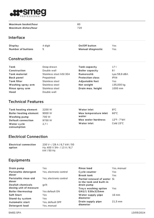 Smeg Professional HTY511DHAUS - SEED Certified Steam Heat Recovery Pass Through Dishwasher
