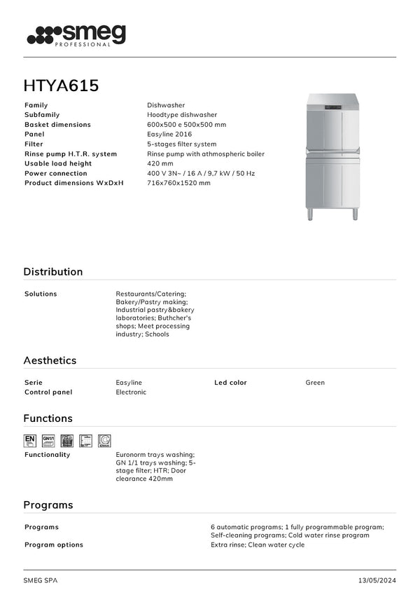 Smeg Professional HTYA615H - SEED Certified Steam Heat Recovery Pass Through Dishwasher