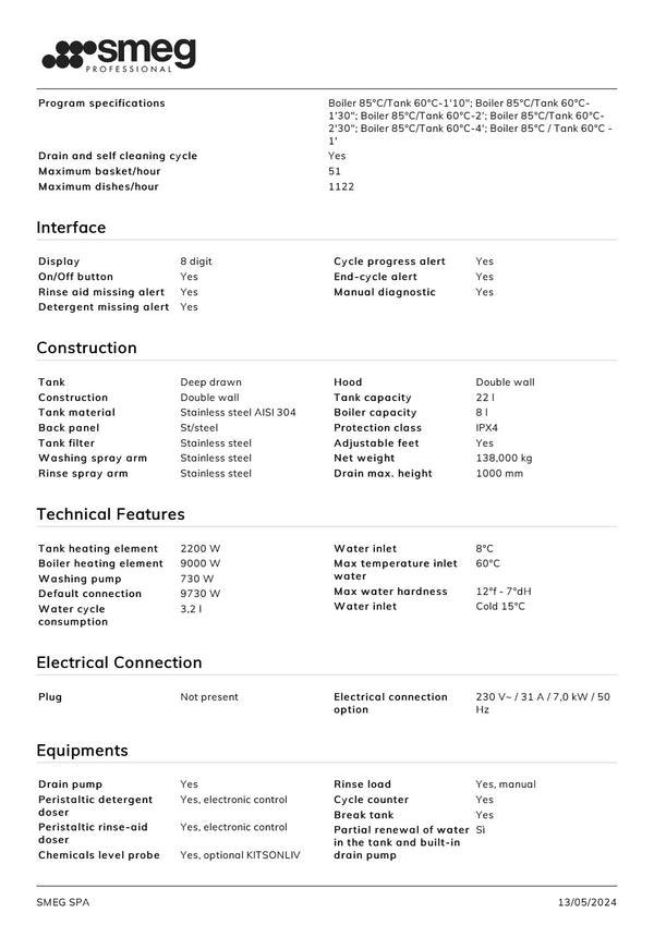 Smeg Professional HTYA615H - SEED Certified Steam Heat Recovery Pass Through Dishwasher
