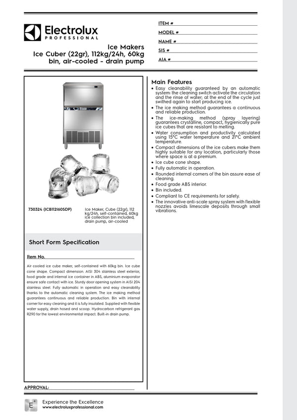 Electrolux Professional ICB112I60SDP - 112kg Self Contained Ice Machine with Drain Pump
