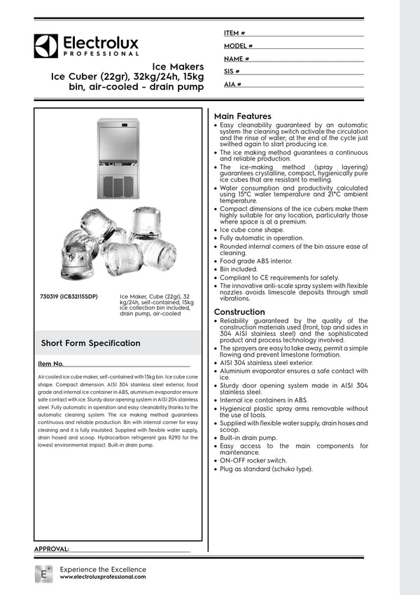 Electrolux Professional ICB32I15SDP - 32kg Self Contained Ice Machine with Drain Pump