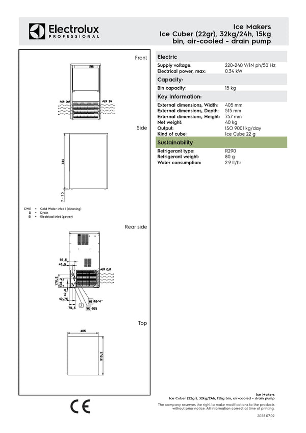 Electrolux Professional ICB32I15SDP - 32kg Self Contained Ice Machine with Drain Pump