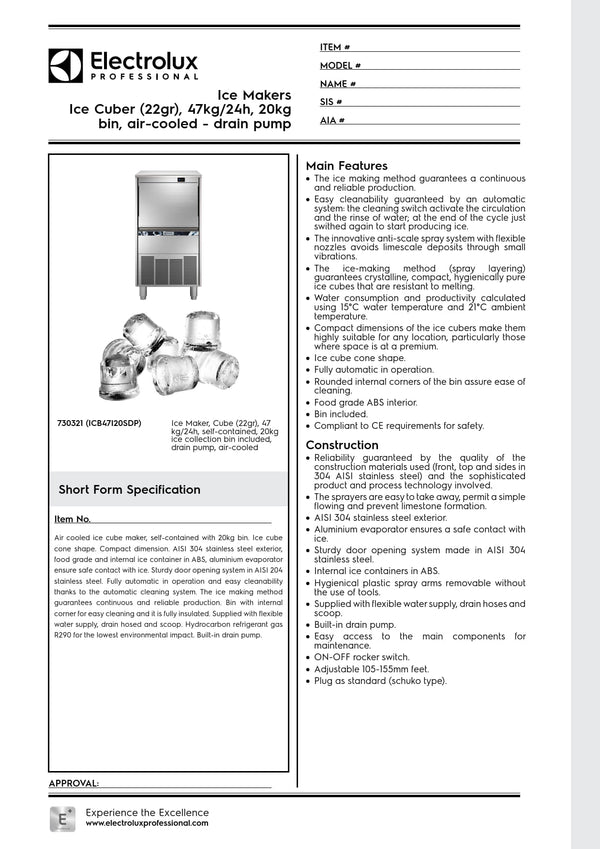 Electrolux Professional ICB47I20SDP - 47kg Self Contained Ice Machine with Drain Pump