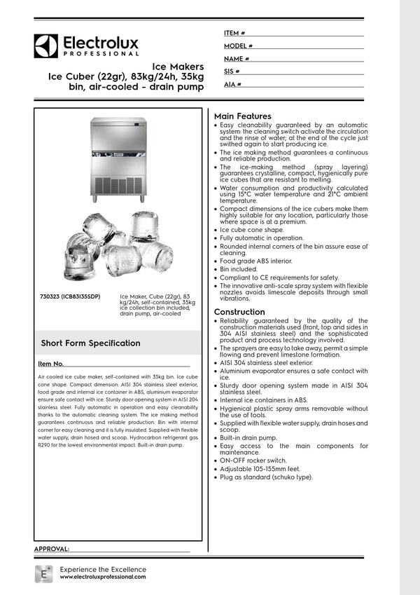 Electrolux Professional ICB83I35SDP - 83kg Self Contained Ice Machine with Drain Pump