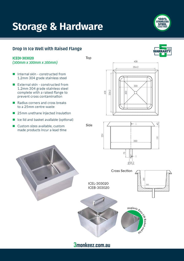3Monkeez ICEDI-303020 - Drop In Insulated Stainless Steel Ice Well