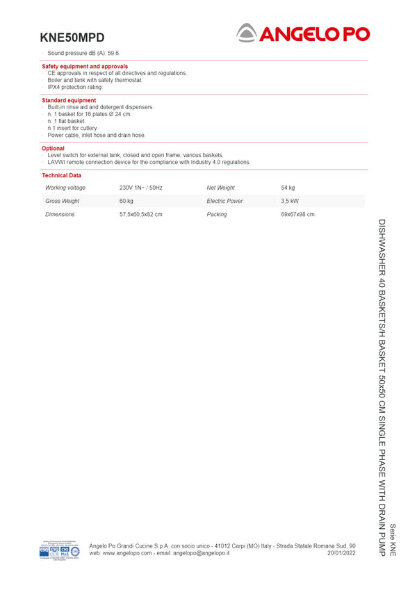 Angelo Po KNE Series KNE50MPD - Undercounter Dishwasher