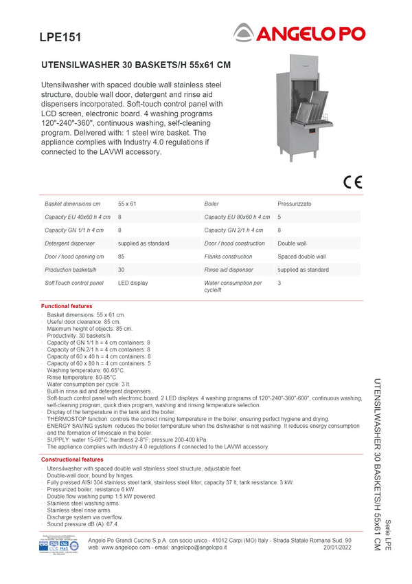 Angelo Po LPE Series LPE151 - Utensil Washer