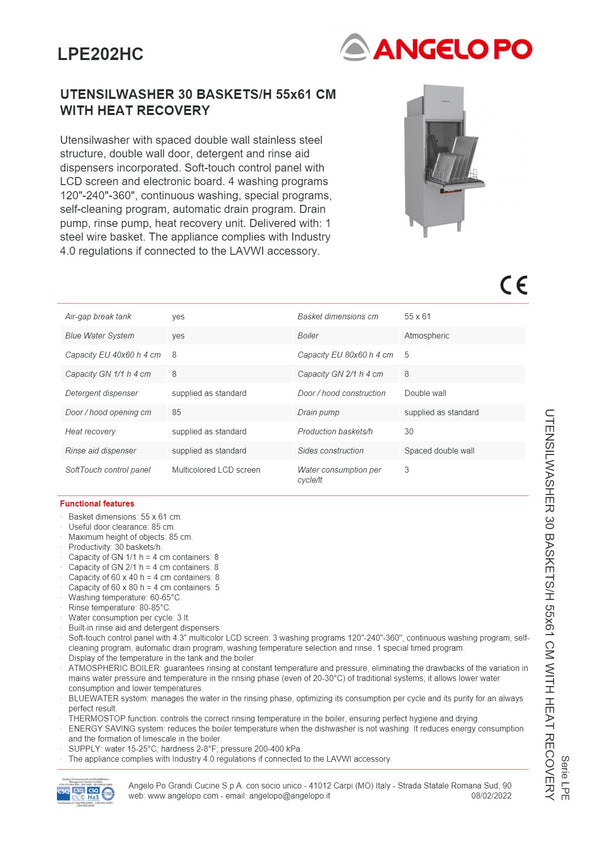 Angelo Po LPE Series LPE202HC - Utensil Washer