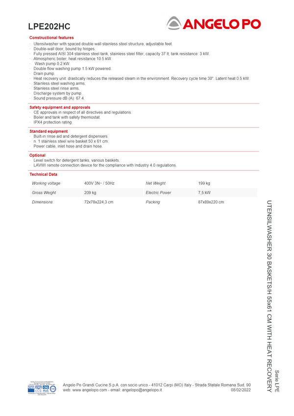 Angelo Po LPE Series LPE202HC - Utensil Washer