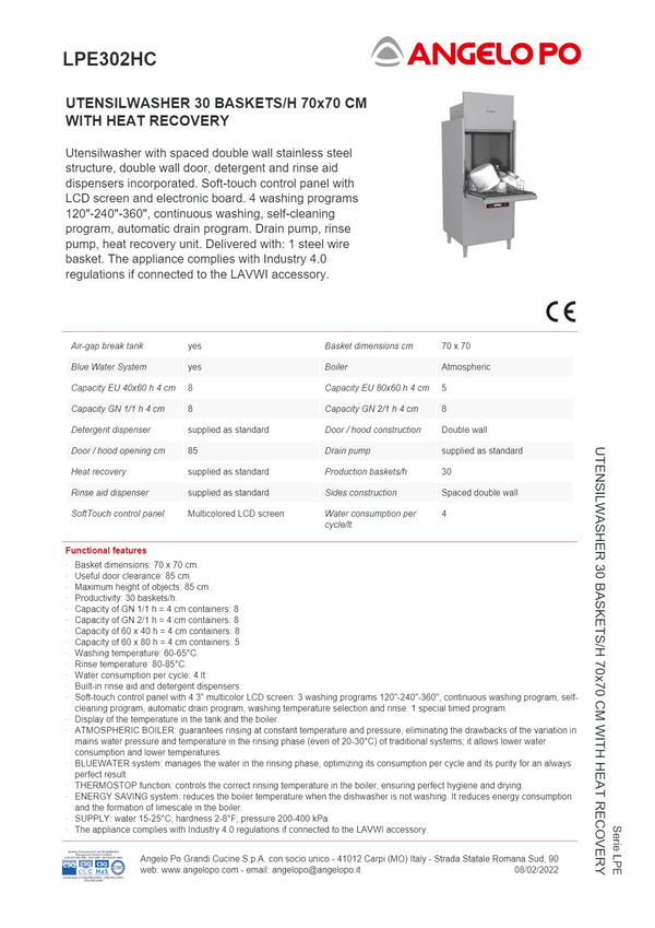 Angelo Po LPE Series LPE302HC - Utensil Washer