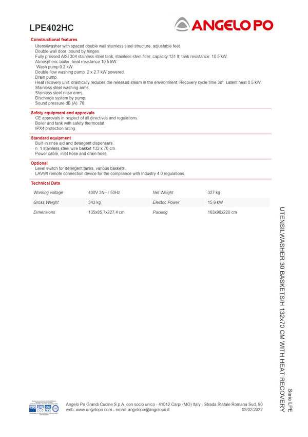 Angelo Po LPE Series LPE402HC - Utensil Washer