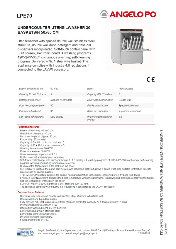 Angelo Po LPE Series LPE70 - Undercounter Utensil Washer