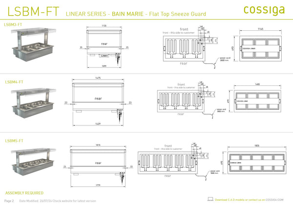 Cossiga Linear Series LSBM3-FT - Bain Marie with Flat Top Sneeze Guard