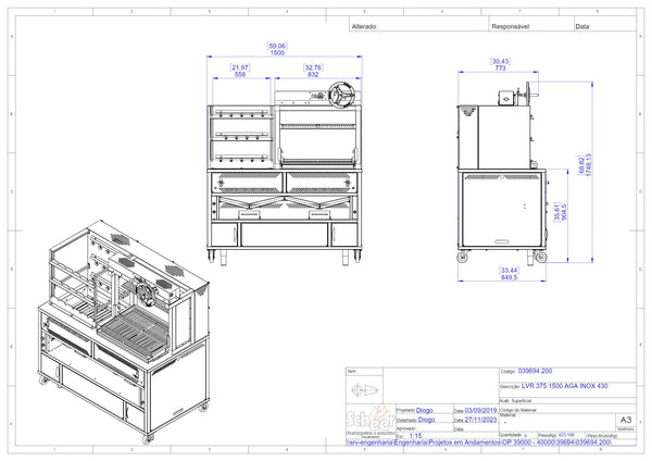 Scheer Proline LVR375A - 1500mm Gas Lava Rock Combo Rotisserie & Wheel Lift Grill