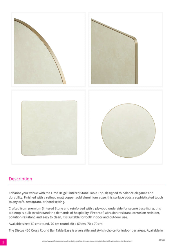 Lime Beige Marble Sintered Stone Bar Table with White Discus Base