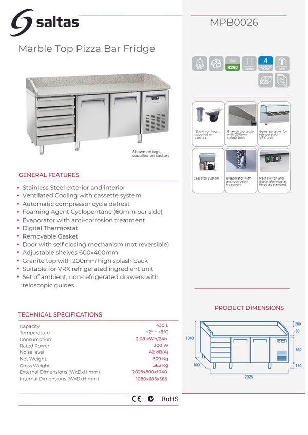 Saltas MPB0026 - Marble Top Pizza Fridge