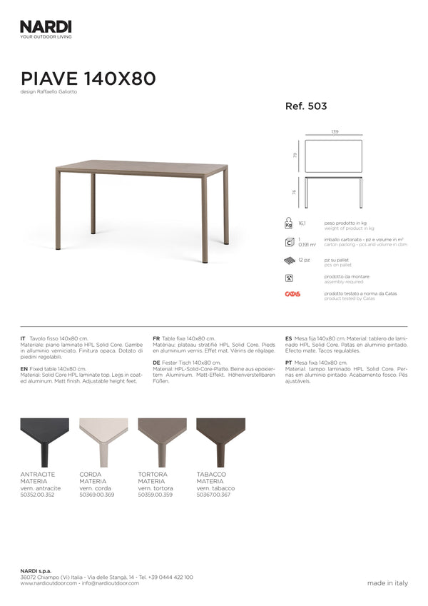Nardi Piave 140x80cm Rectangular Outdoor Dining Table