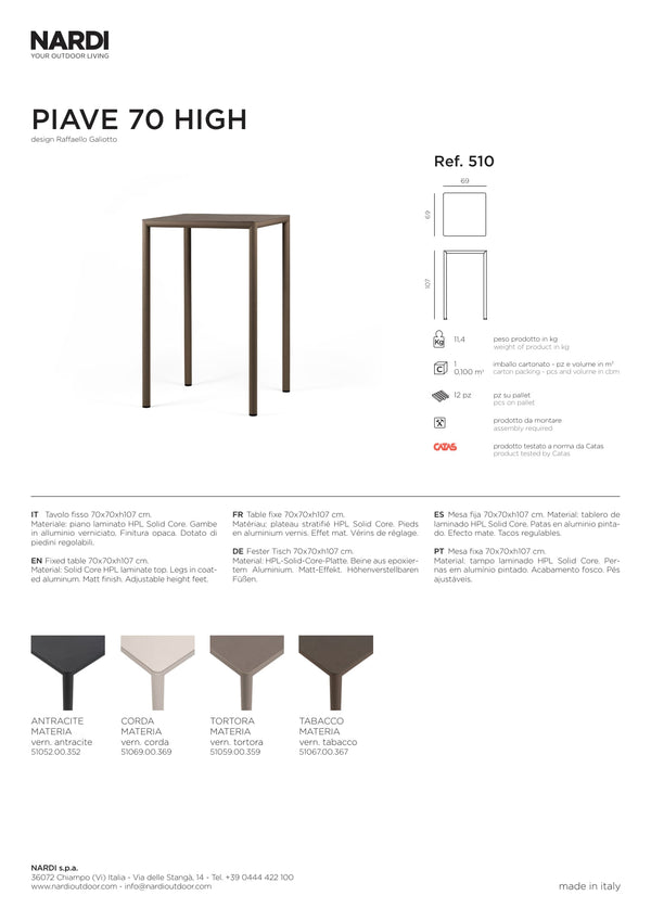 Nardi Piave 70cm Square Outdoor High Bar Table