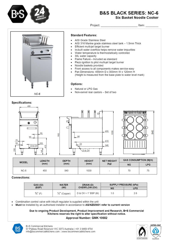 B+S Black NC-6 - Six Basket Noodle Cooker