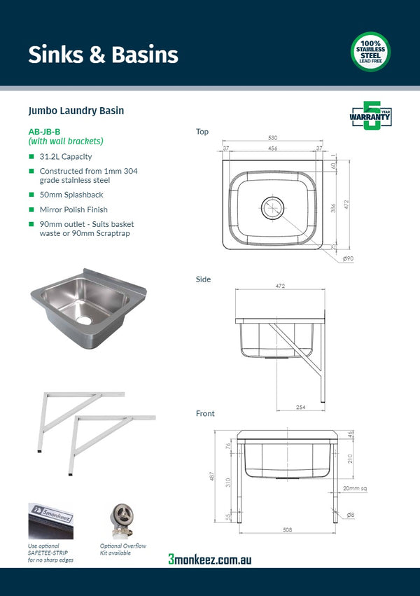 3Monkeez AB-JB-B - Jumbo Laundry Basin with Brackets