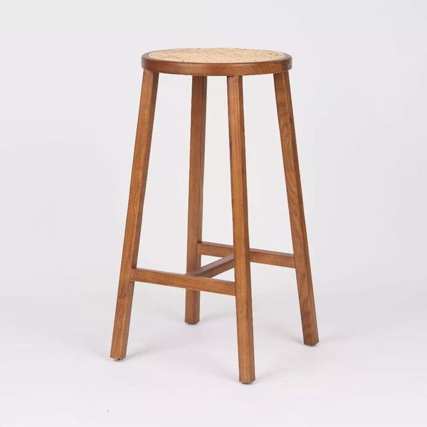 Nara Timber Round Bar Stool with Natural Rattan Seat - Walnut