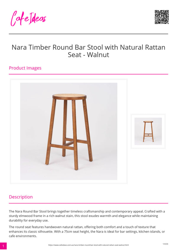 Nara Timber Round Bar Stool with Natural Rattan Seat - Walnut