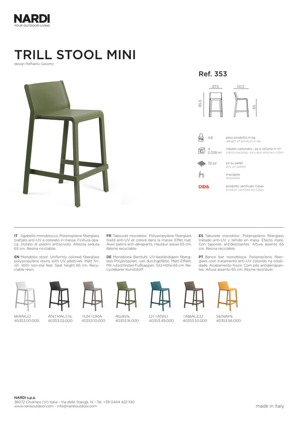Nardi Trill Outdoor Resin Bar Stool Mini 65cm Seat Height