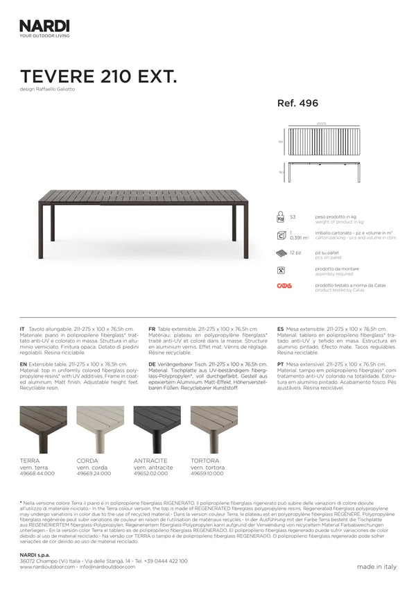 Nardi Tevere 210 Aluminium Outdoor Extendable Dining Table