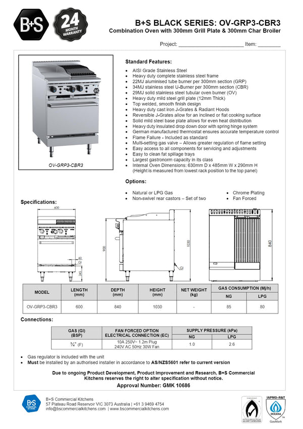 B+S Black OV-GRP3-CBR3 - Oven with Grill Plate & Char Broiler