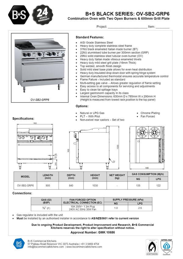 B+S Black OV-SB2-GRP6 - Two Burner Oven with Grill Plate