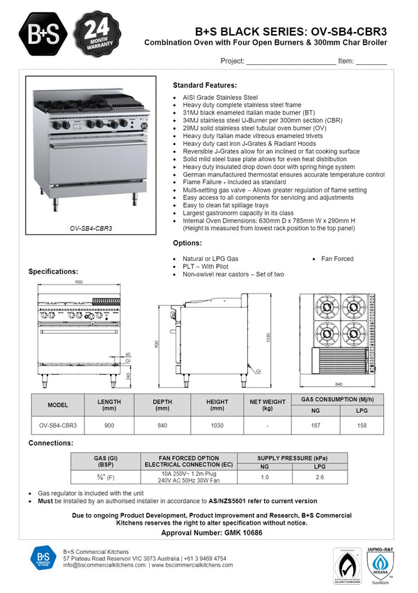 B+S Black OV-SB4-CBR3 - Four Burner Oven with Char Broiler