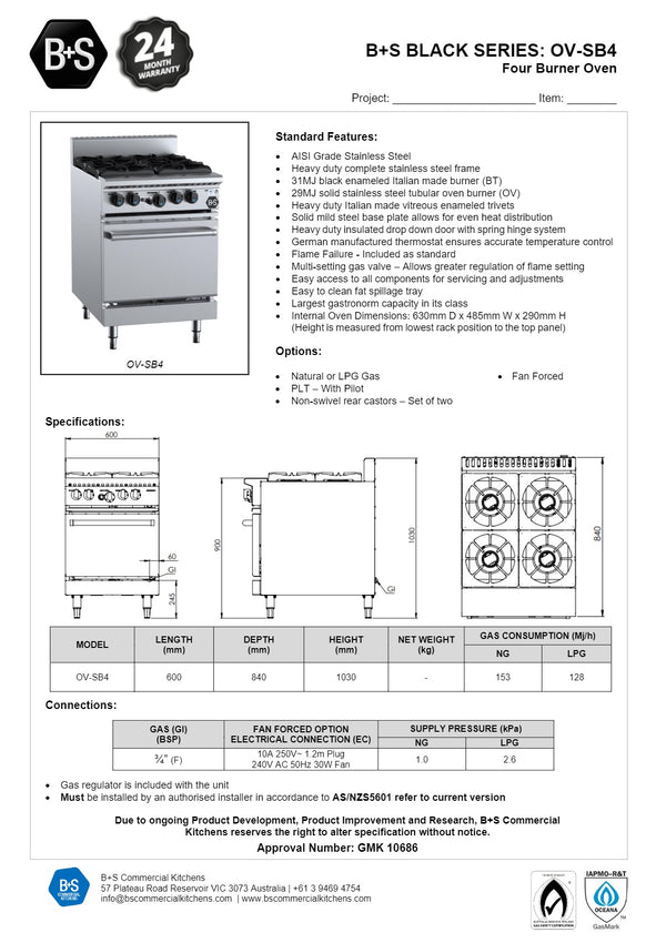 B+S Black OV-SB4 - Four Burner Range Oven