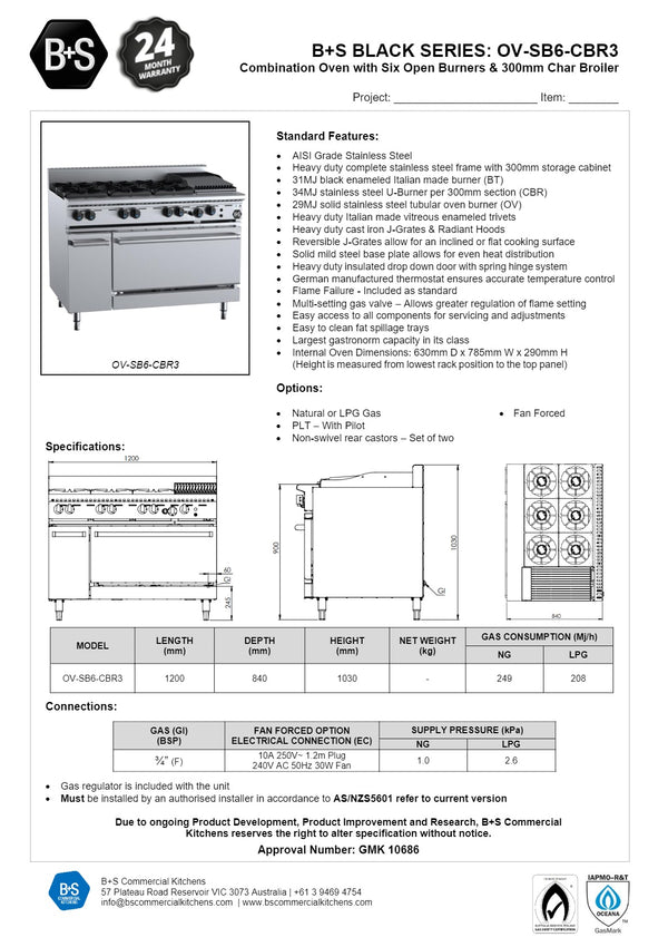 B+S Black OV-SB6-CBR3 - Six Burner Oven with Char Broiler