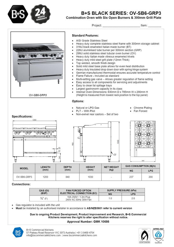 B+S Black OV-SB6-GRP3 - Six Burner Oven with Grill Plate
