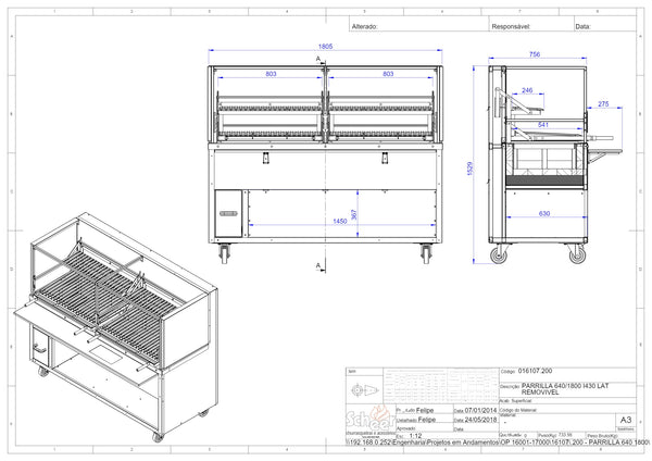 Scheer Proline Parrilla 640 - 1800mm Charcoal/Wood Double Lifter Grill