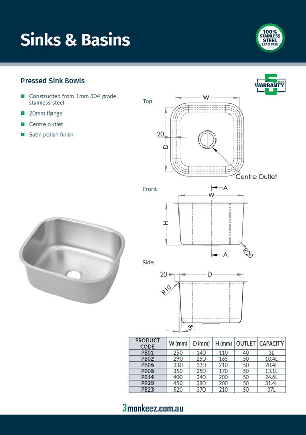 3Monkeez PB08 - Pressed Sink Bowl