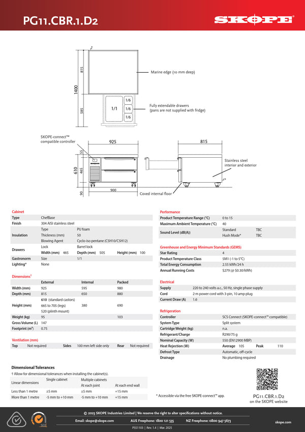 SKOPE ReFlex ChefBase PG11.CBR.1.D2 - Two Drawer Underbench Fridge