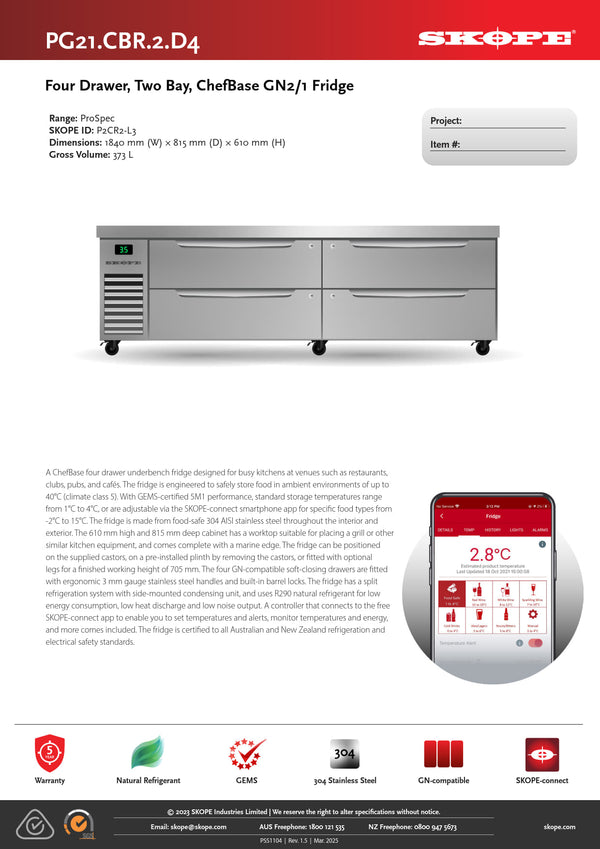 SKOPE ReFlex ChefBase PG21.CBR.2.D4 - Four Drawer Underbench Fridge