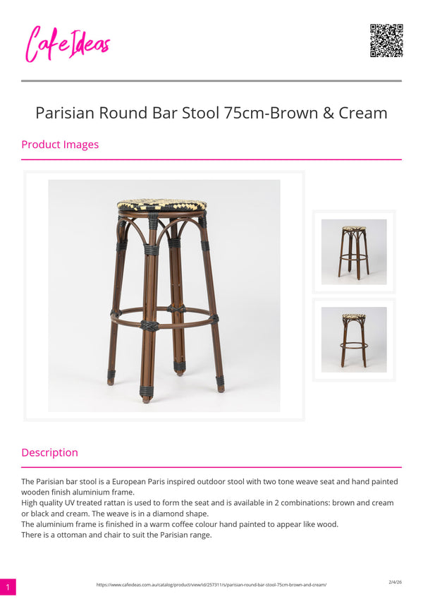 Parisian Round Bar Stool 75cm - Coffee