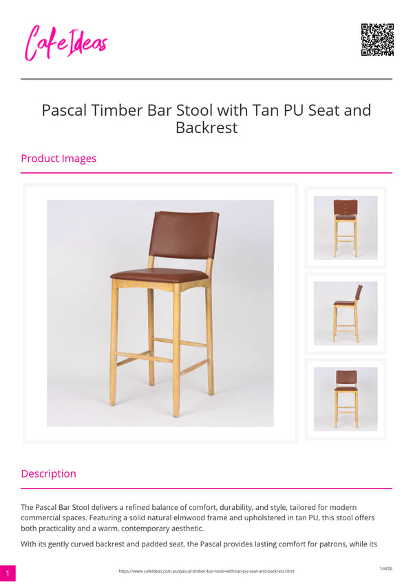 Pascal Timber Bar Stool with Tan PU Seat and Backrest