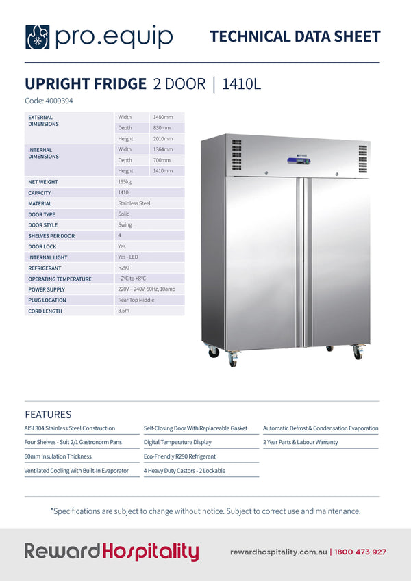 Pro.Equip 1410L - 2 Solid Door Upright Fridge