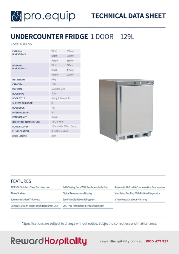 Pro.Equip 129L - Solid Door Undercounter Fridge